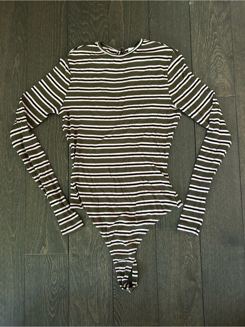 AMERICAN APPAREL Women’s Striped Long-Sleeve One-Piece Bodysuit - Olive/Pink